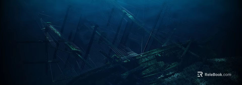 Underwater Scenery With Sunken Wooden Structures Green Algae Blue Water And Sunlight Rays 3d model 