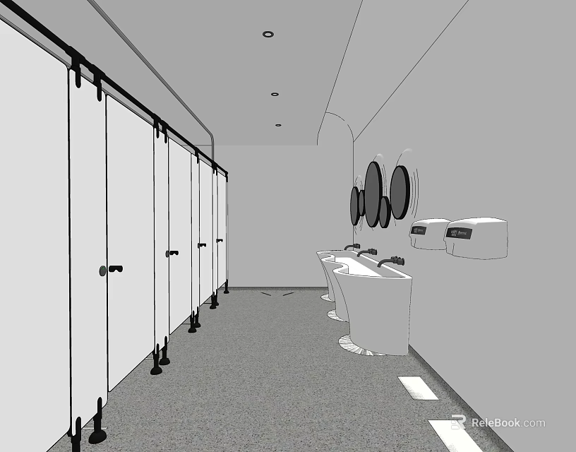 Public Restroom Interior With Toilet Stalls Sinks Mirrors And Modern Facilities 3d model 