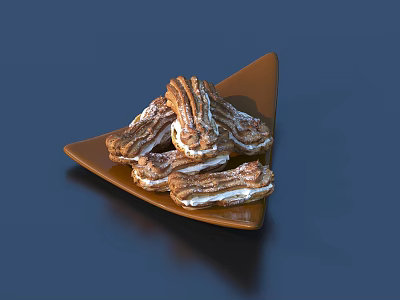 Crispy Churros Stacked on Brown Triangular Plate Dusted with Powdered Sugar 3d model