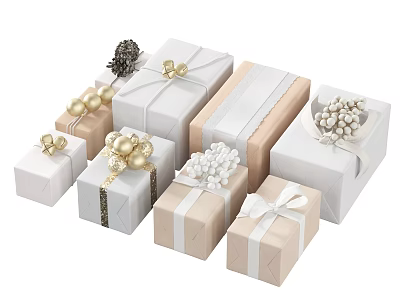 Assorted White Beige Decorative Gift Boxes With Ribbons Bows And Ornamental Balls 3d model