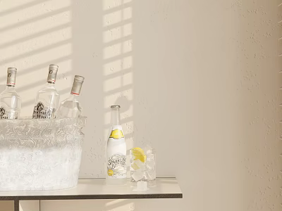 Wine Bottles And Glass In Ice Bucket In Sunlit Room 3d model