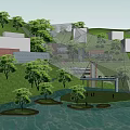 Public Green Space Design With Red Brick Structures Glass Railings Trees Shrubs And Walking Paths