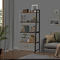 Modern Cozy Living Room Multilayer White and Wood Storage Shelf Organizing Books Decorations and Plants