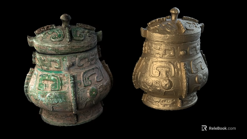 Ancient Bronze Storage Vessels With Intricate Patterns And Decorative Lids 3d model 