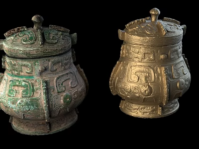 Ancient Bronze Storage Vessels With Intricate Patterns And Decorative Lids 3d model