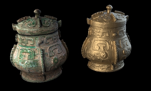 Chinese-style bronze wares with animal surface pattern lifting beam 3d model