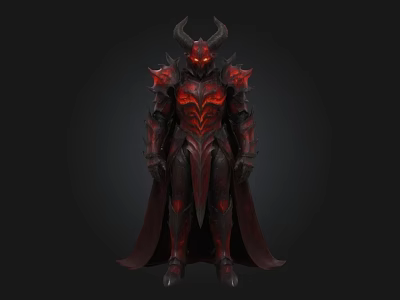 Demonic Armored Character With Horns Red Glowing Accents And Long Cape 3d model