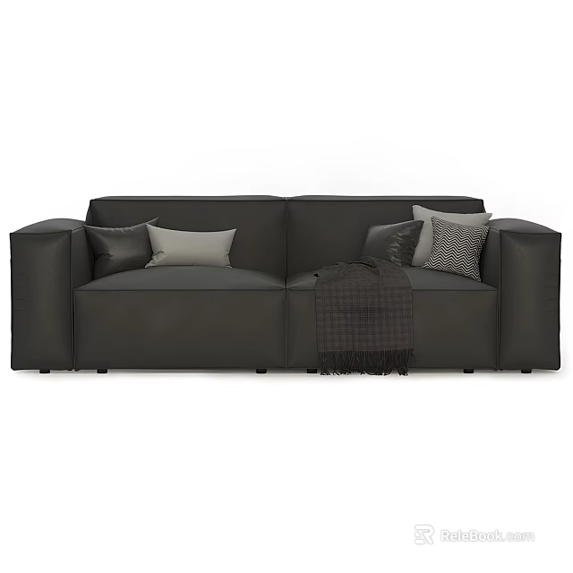 Black Leather Sectional Sofa with Decorative Pillows and Cozy Blanket 3d model