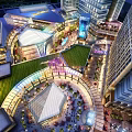 Modern Commercial Plaza With High Rise Buildings LED Screen Fountain Shops And Pedestrians
