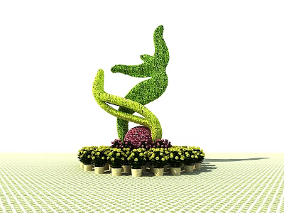 Artistic Bush Topiary Sculpture Shaped as Dancing Figure with Flower Pots and Colorful Blooms 3d model