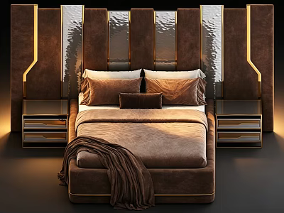 Luxurious Double Bed With Leather Headboard Metal Accents Plush Pillows And Warm Lighting 3d model