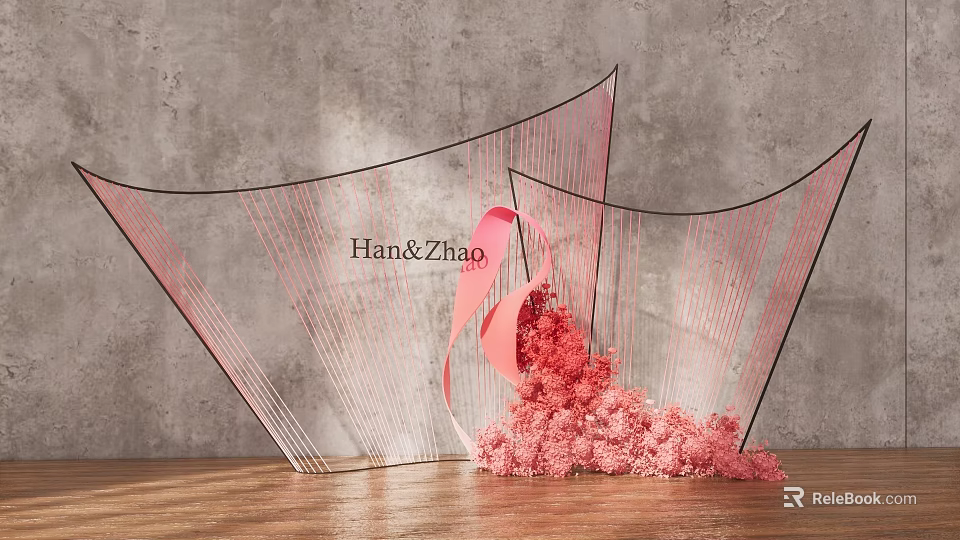 Floral Installation With Transparent Curved Structures And Pink Flowers On Wooden Floor 3d model 