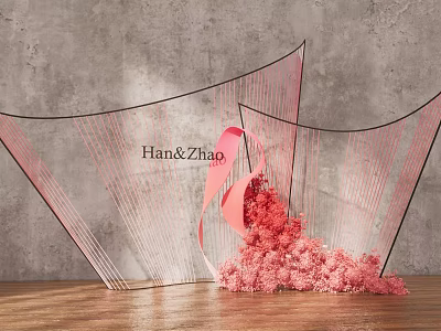 Floral Installation With Transparent Curved Structures And Pink Flowers On Wooden Floor 3d model