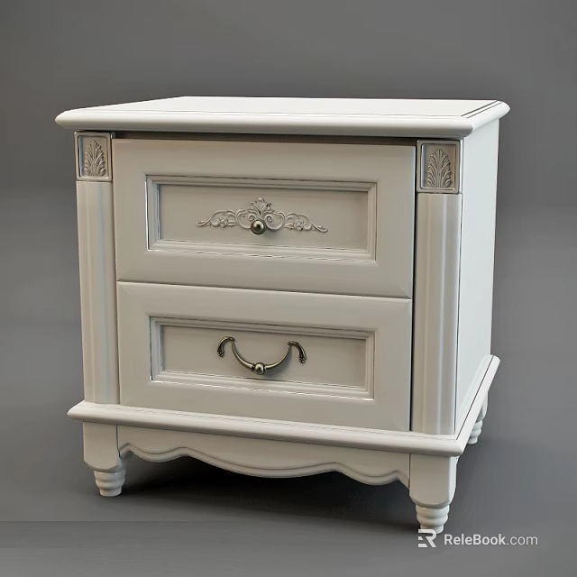 White Classic Bedside Table With Two Drawers Ornate Handles And Carved Details 3d model 