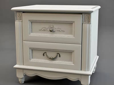 White Classic Bedside Table With Two Drawers Ornate Handles And Carved Details 3d model
