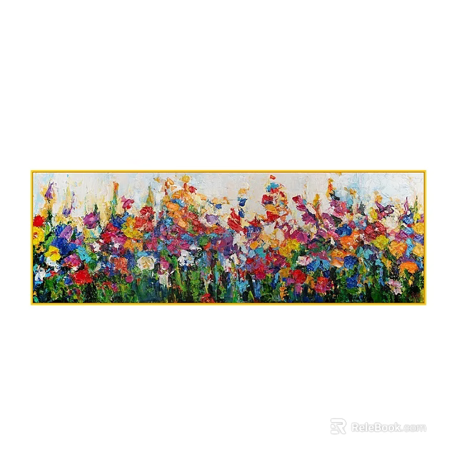 Vibrant Colorful Floral Painting With Various Flowers And Lush Green Leaves 3d model 