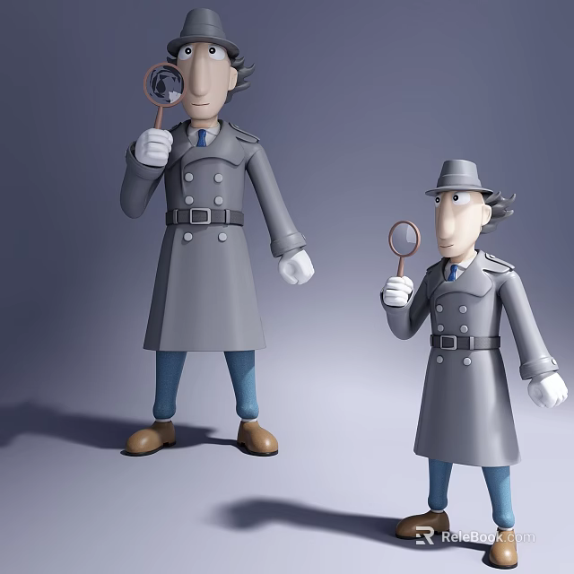 Detective Themed Dolls Wearing Gray Trench Coats And Hats Holding Magnifying Glasses 3d model 
