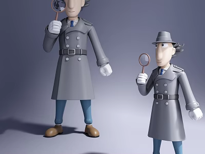 Detective Themed Dolls Wearing Gray Trench Coats And Hats Holding Magnifying Glasses 3d model