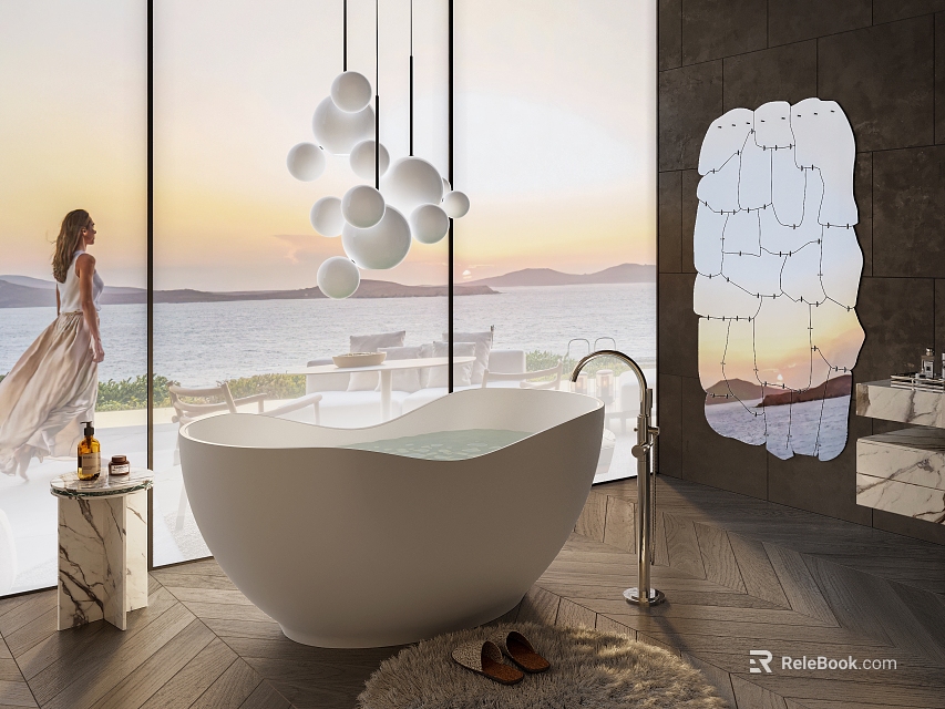 Freestanding White Bathtub With Ocean Sunset View Through Large Windows Pendant Lights Marble Table 3d model 