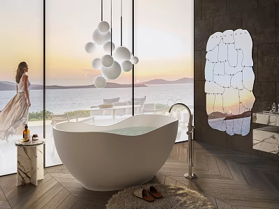 Freestanding White Bathtub With Ocean Sunset View Through Large Windows Pendant Lights Marble Table 3d model