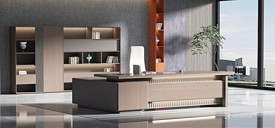 Modern Office Interior With Executive Desk Bookshelves Comfortable Chair and Potted Plant 3d model 