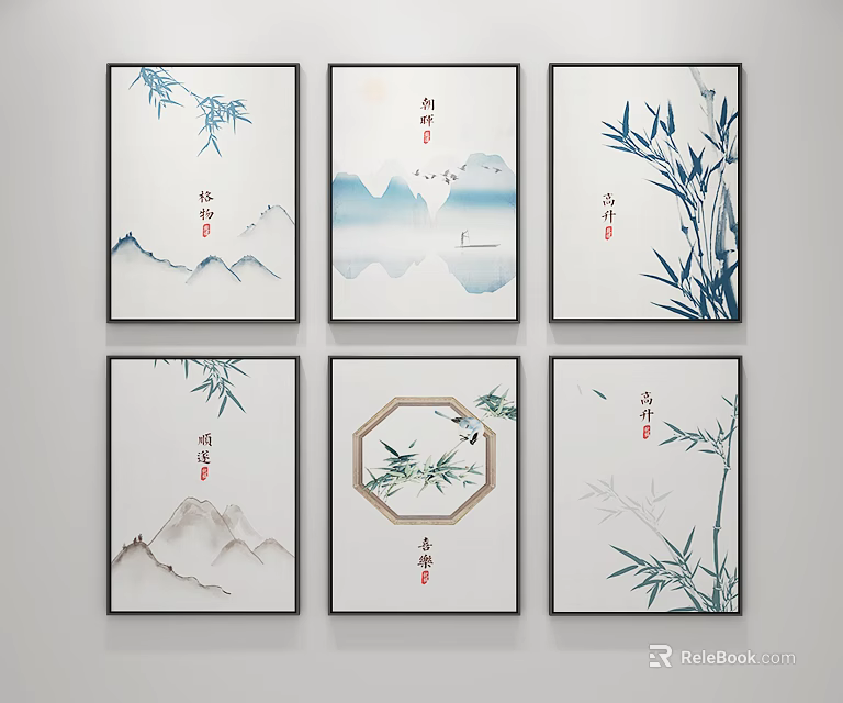Traditional Chinese Wall Art Paintings With Bamboo Landscape Calligraphy And Hexagonal Frame 3d model 