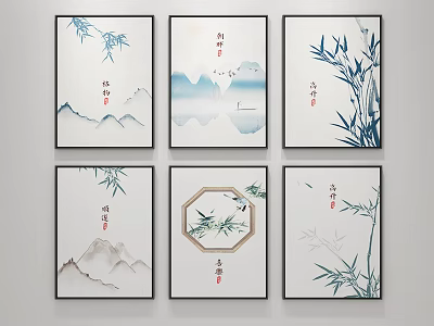 Traditional Chinese Wall Art Paintings With Bamboo Landscape Calligraphy And Hexagonal Frame 3d model
