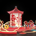 Traditional Chinese Paper Cutting Art Installation With Red Pavilion And Fortune Symbols