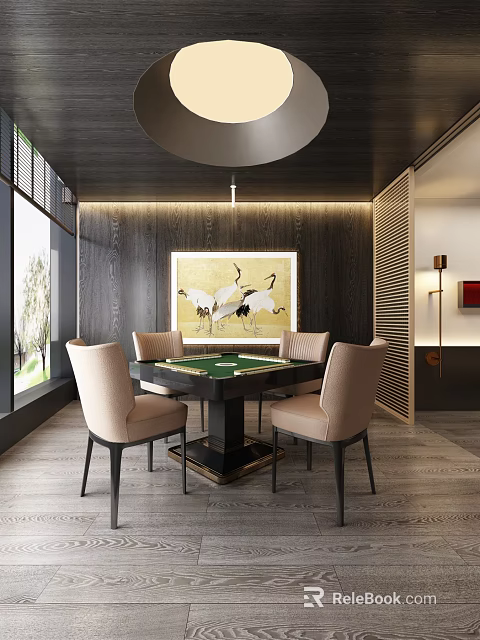 Elegant Hotel Mahjong Room Interior With Mahjong Table Beige Chairs Wooden Walls And Crane Painting 3d model 