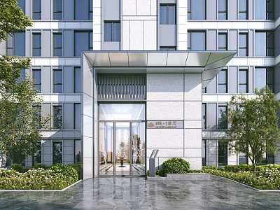 Modern Building Storefront Entrance With Glass Doors And Green Plants 3d model