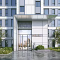 Modern Building Storefront Entrance With Glass Doors And Green Plants