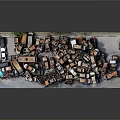 Pile of Abandoned Construction Components with Rusty Metal and Broken Parts