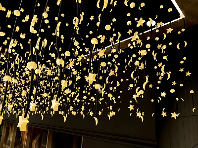 Golden Star and Moon Shaped Decorative Lights Hanging from Ceiling for Interior Decoration 3d model