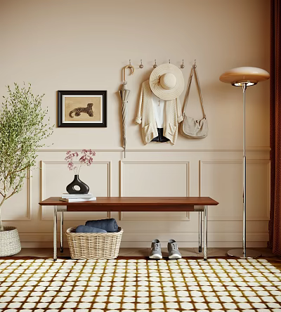Cozy Entryway Interior With Wooden Bench Coat Hooks Floor Lamp Basket And Shoes 3d model