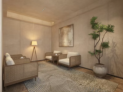 Elegant Warm Tone Hotel Public Lounge Area With Comfortable Rattan Seats And Indoor Green Plants 3d model