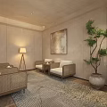 Elegant Warm Tone Hotel Public Lounge Area With Comfortable Rattan Seats And Indoor Green Plants