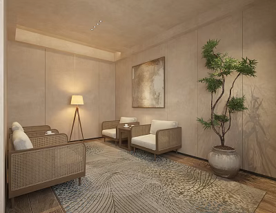 Elegant Warm Tone Hotel Public Lounge Area With Comfortable Rattan Seats And Indoor Green Plants 3d model