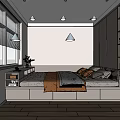 Modern Tatami Bedroom with Tatami Bed Window Blinds Cabinet Bookshelf Wooden Floor and Soft Lighting