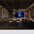 Modern Restaurant Interior With Arranged Tables Chairs Pendant Lights Neon Sign And Wall Decor