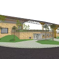 Modern Architectural Structure With Unique Roof Design Palm Trees Green Slope And Water Reflection