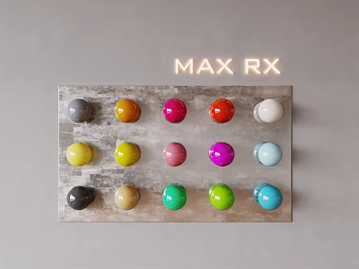 Wall Decor with Colorful Spheres and MAX RX Neon Sign on Gray Background 3d model