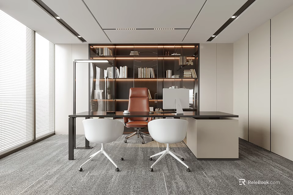 Modern Office Interior Design With Executive Desk Leather Chair Bookshelf And Large Window 3d model 