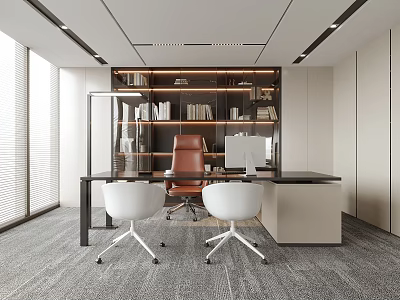 Modern Office Interior Design With Executive Desk Leather Chair Bookshelf And Large Window 3d model