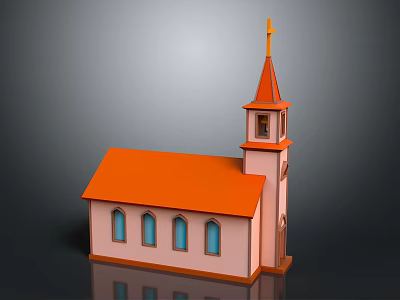 Pink Church Building With Orange Roof Steeple Cross And Arched Windows 3d model