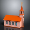 Pink Church Building With Orange Roof Steeple Cross And Arched Windows