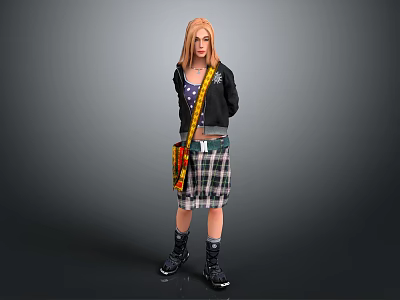 Woman With Blonde Hair Wearing Black Jacket Purple Star Top Plaid Skirt And Black Boots 3d model