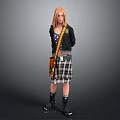 Woman With Blonde Hair Wearing Black Jacket Purple Star Top Plaid Skirt And Black Boots