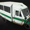 Vintage White And Green Three Wheeled Vehicle With Aged Exterior Side Windows And Front Signs