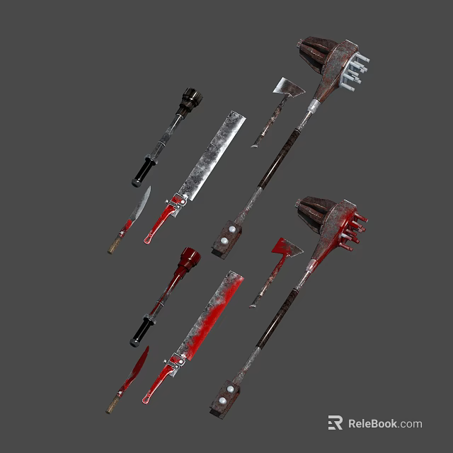 Various Bloodstained Weapons Including Blades Axes And Spears With Metal Handles 3d model 