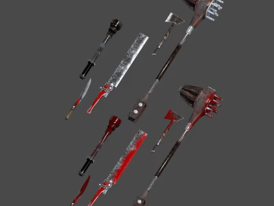 Various Bloodstained Weapons Including Blades Axes And Spears With Metal Handles 3d model